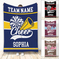 Custom cheerleading blanket displaying pom-poms, megaphone artwork, bold team stripes, and multiple color options