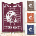 Football throw blanket displayed in maroon, orange, and navy with field markings and helmet artwork