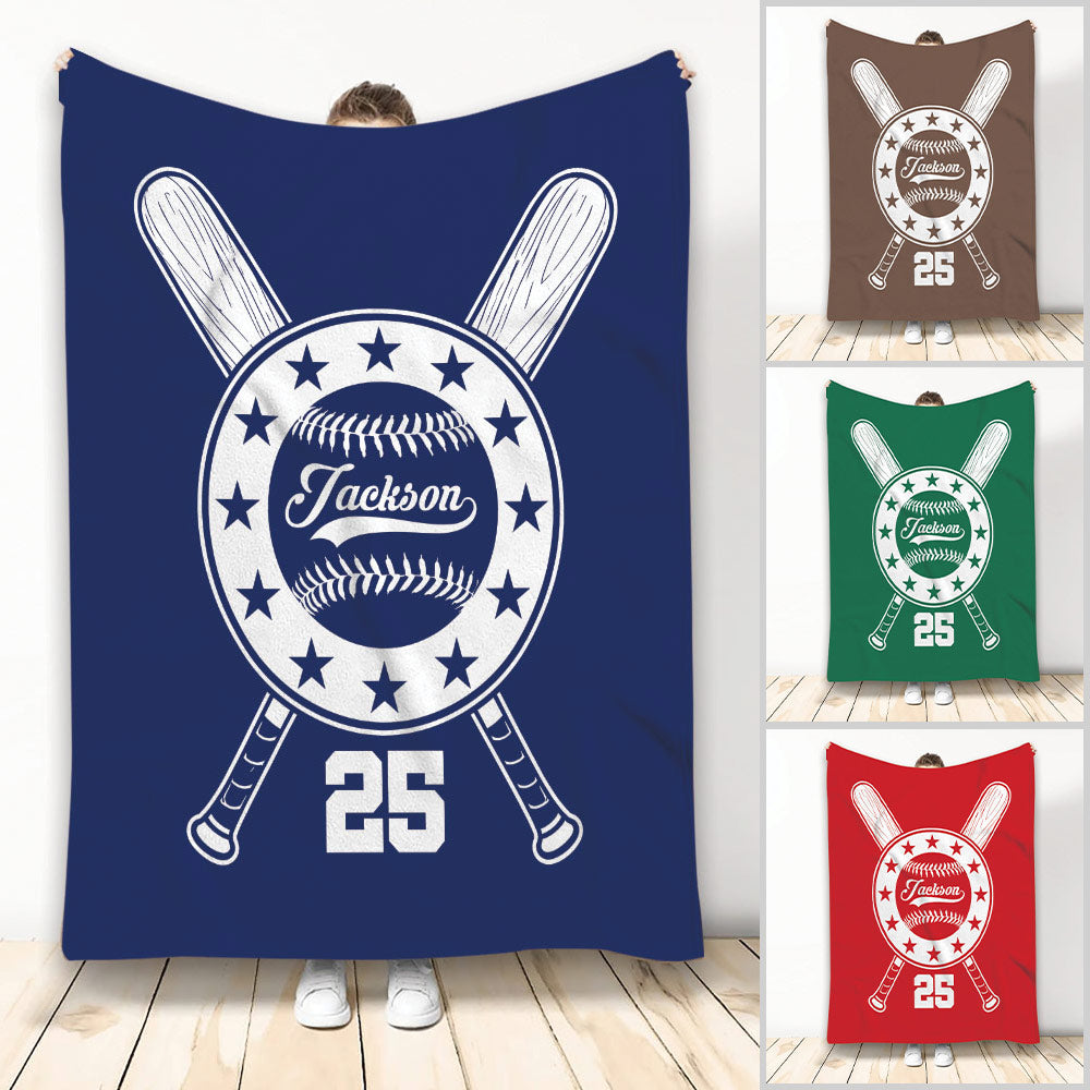 Blue baseball throw blanket with crossed bats, star emblem, baseball artwork, and bold sports design