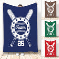 Blue baseball throw blanket with crossed bats, star emblem, baseball artwork, and bold sports design