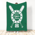 Green baseball throw blanket featuring a circular baseball emblem, crossed bats, and star details