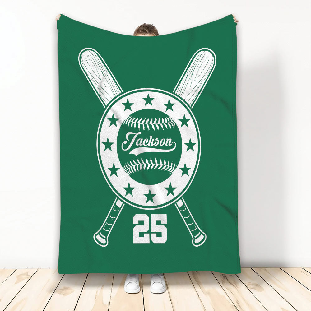 Green baseball throw blanket featuring a circular baseball emblem, crossed bats, and star details