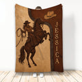 Cowgirl Throw Blanket featuring a horseback rider, cowboy hat, horse, and rustic Western artwork