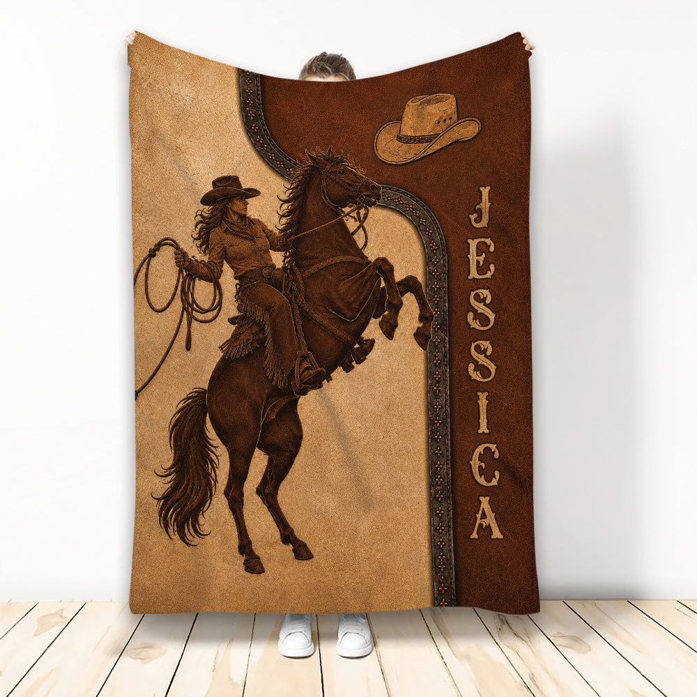 Cowgirl Throw Blanket featuring a horseback rider, cowboy hat, horse, and rustic Western artwork