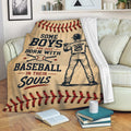 Baseball throw blanket draped over a sofa with vintage player artwork, crossed bats, and red stitched borders