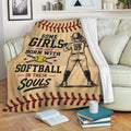 Softball throw blanket displayed on a sofa with female player artwork and bold vintage sports graphics