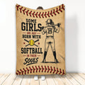 Softball throw blanket with female player artwork, softball imagery, and vintage red and tan stitching border