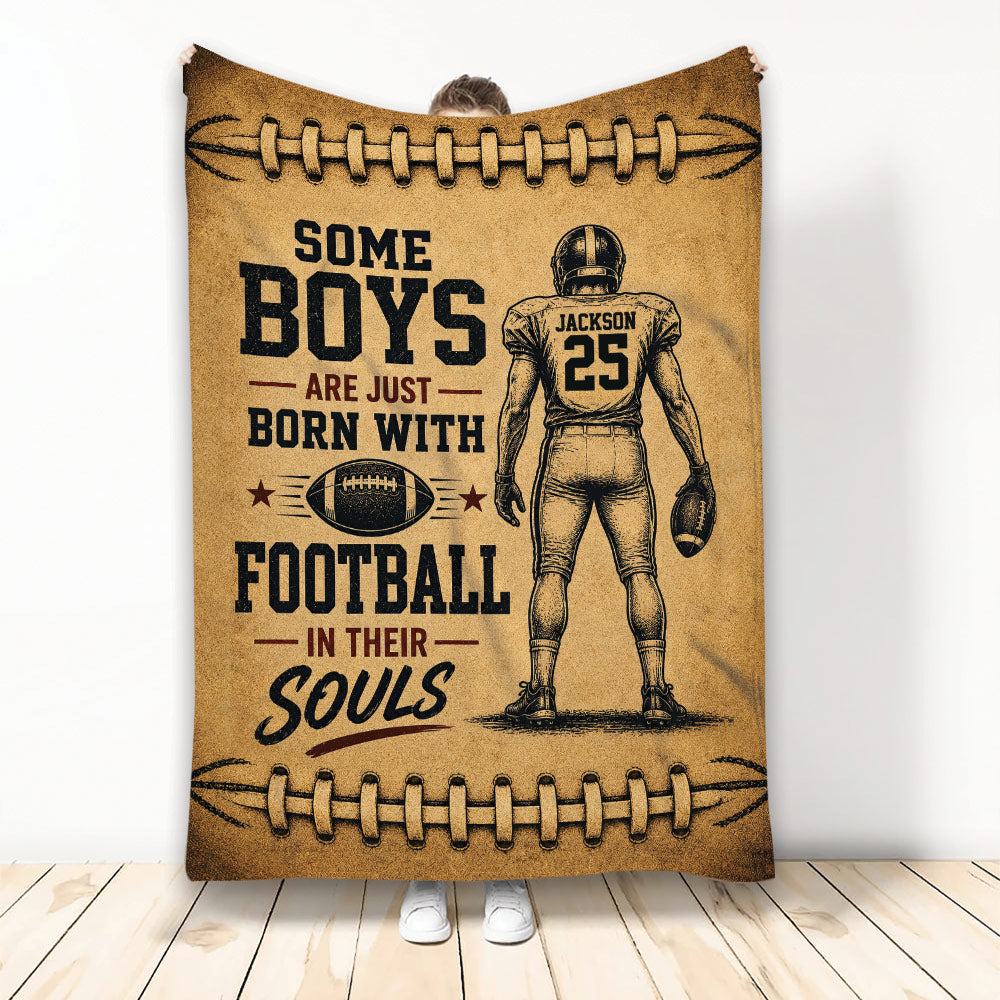 Vintage football throw blanket featuring a helmeted player, football, and warm brown sports artwork