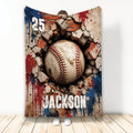 Baseball throw blanket displayed upright with a dramatic ball breaking through a brick wall design