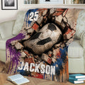 Soccer throw blanket displayed on a couch with dramatic cracked brick and distressed ball artwork