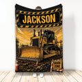 Construction truck blanket featuring a bold bulldozer, work-zone signs, traffic cones, and industrial yellow artwork