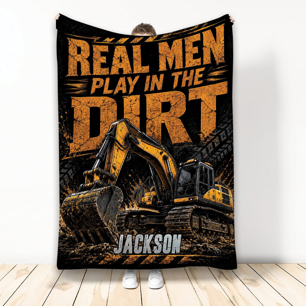 Construction truck blanket with bold orange and black excavator artwork displayed upright
