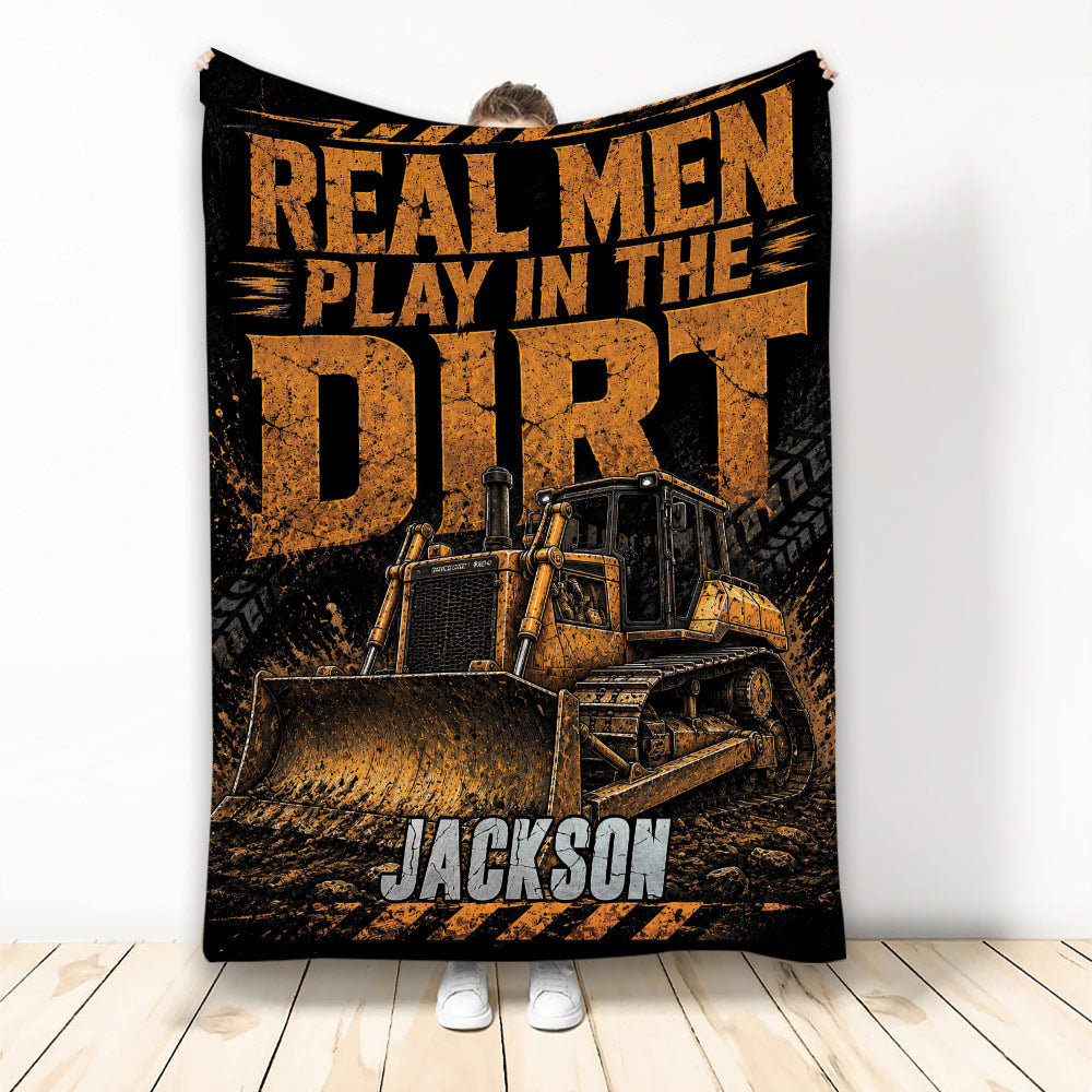 Construction truck blanket with detailed bulldozer artwork in distressed black and orange industrial style