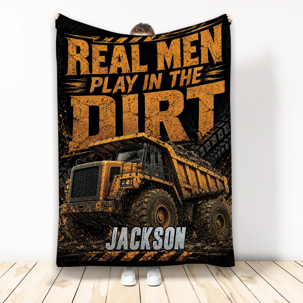 Construction truck throw blanket with rugged orange and black heavy equipment artwork