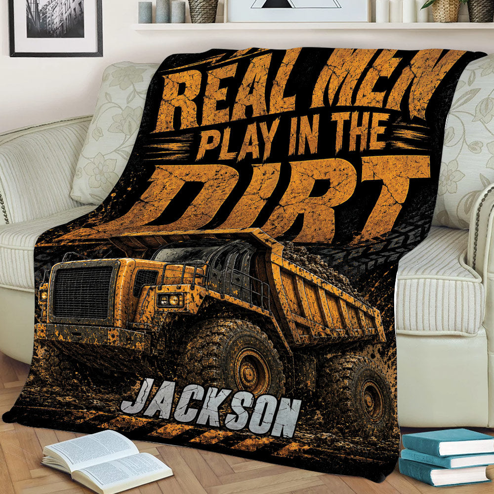 Rugged construction truck throw blanket displayed across a living room sofa