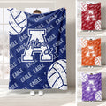 Custom volleyball blanket with navy blue and white distressed volleyball graphics, bold athletic lettering and jersey-style number design