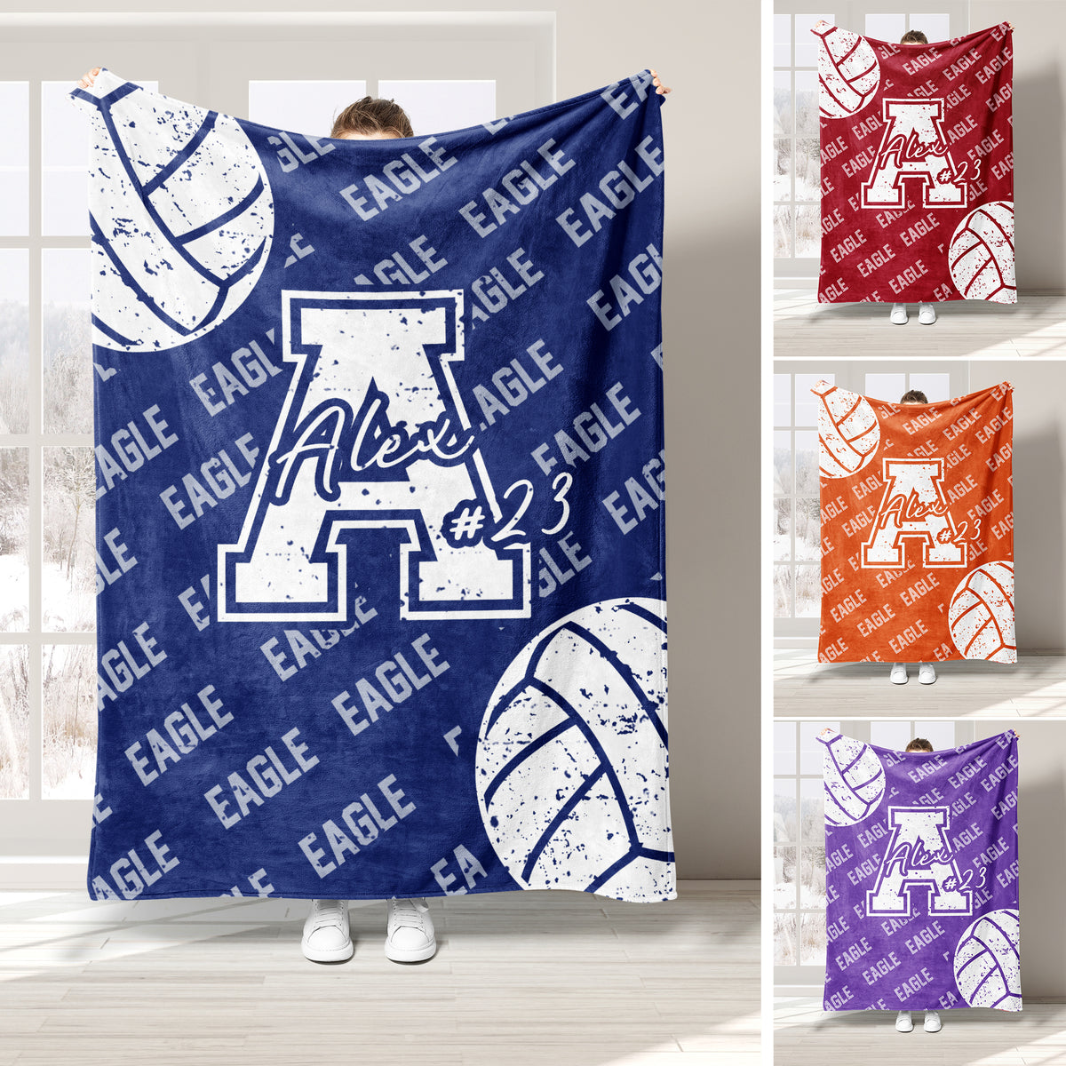 Custom volleyball blanket with navy blue and white distressed volleyball graphics, bold athletic lettering and jersey-style number design