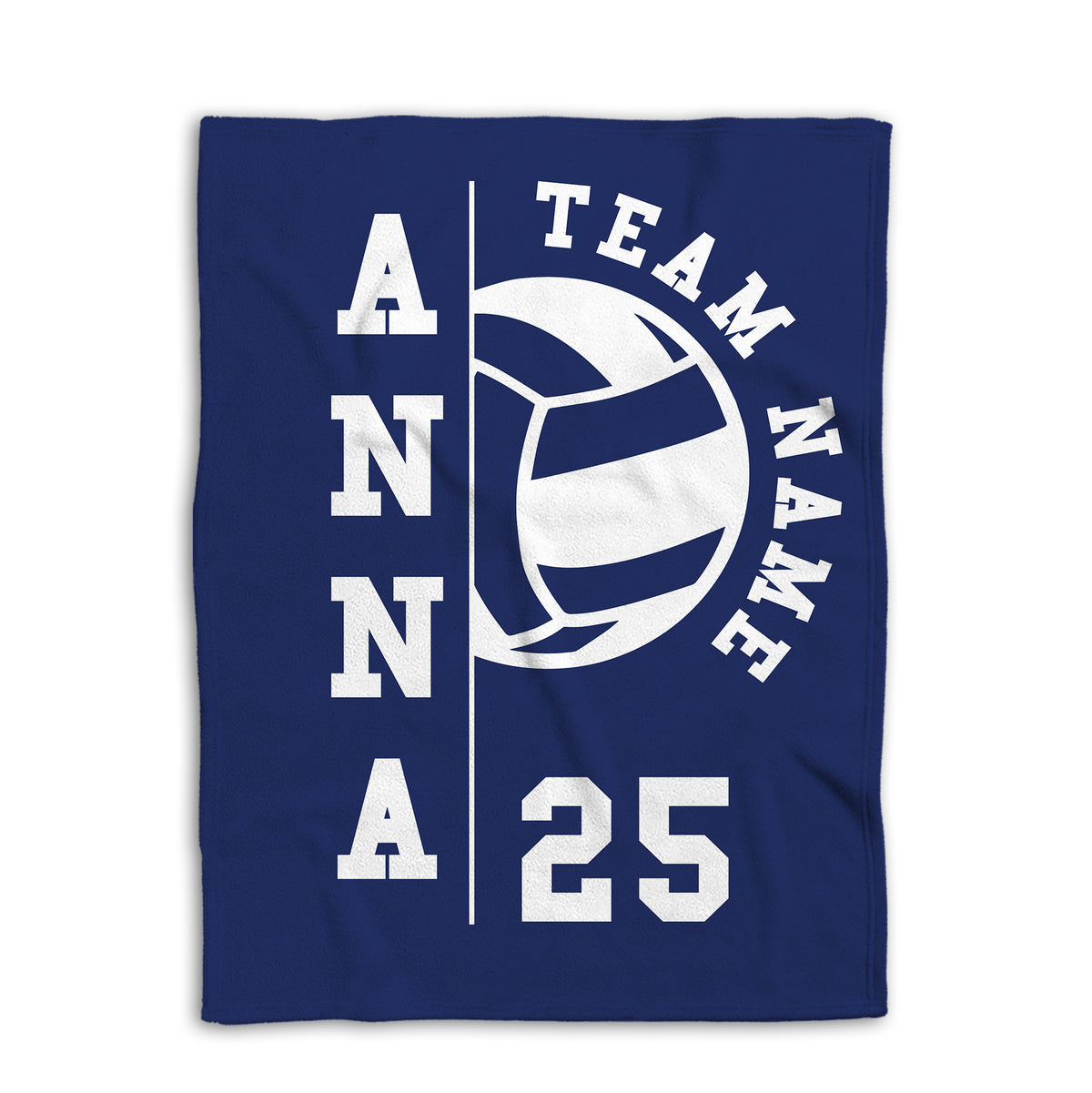 Blue volleyball blanket displayed flat with a large white volleyball graphic and team design