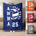 Volleyball team throw blanket shown in blue with bold collegiate artwork and multiple color examples