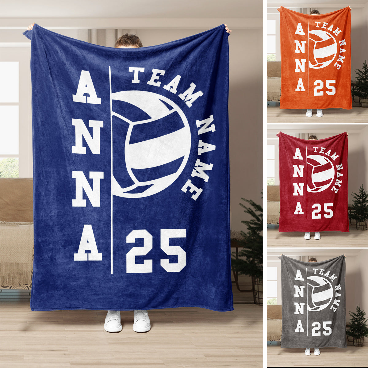 Volleyball team throw blanket shown in blue with bold collegiate artwork and multiple color examples