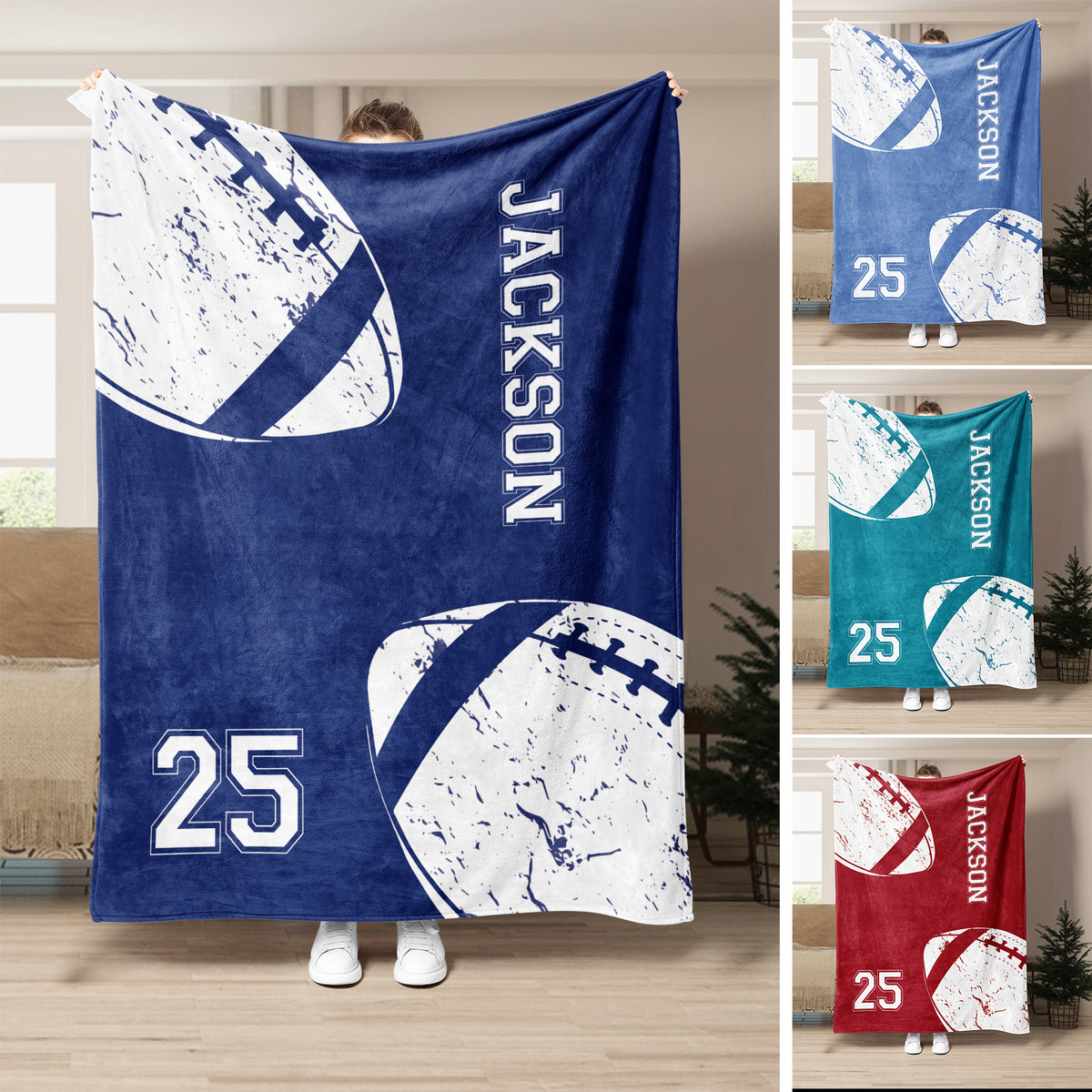 Blue football throw blanket displayed with white football graphics and multiple color variations
