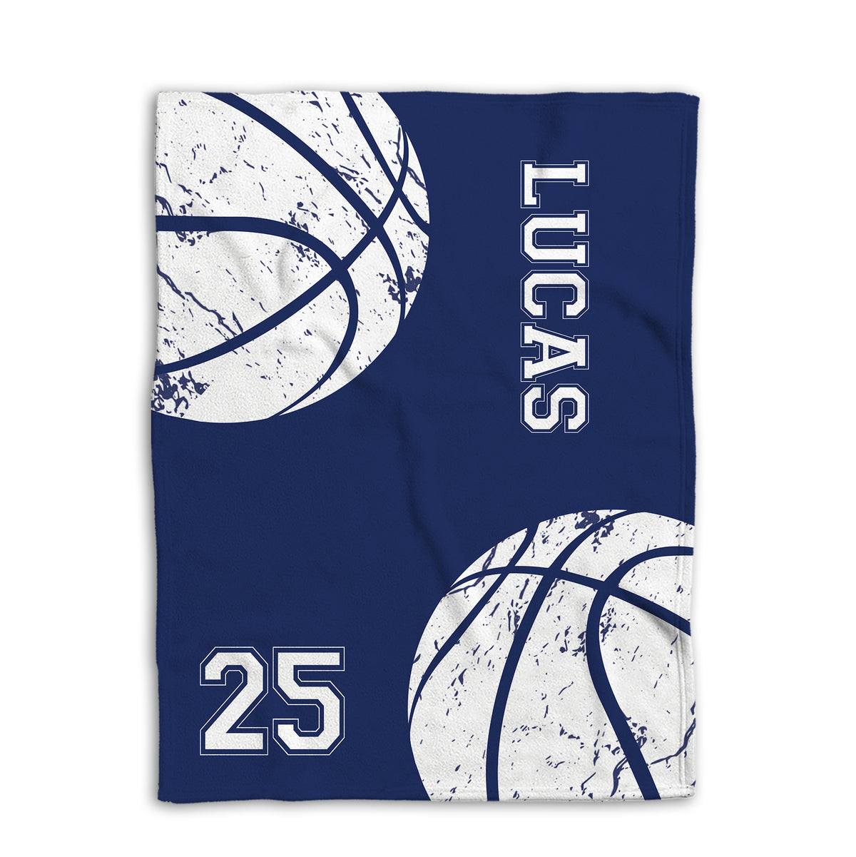 Navy basketball throw blanket shown flat with oversized distressed basketball graphics and bold athletic styling