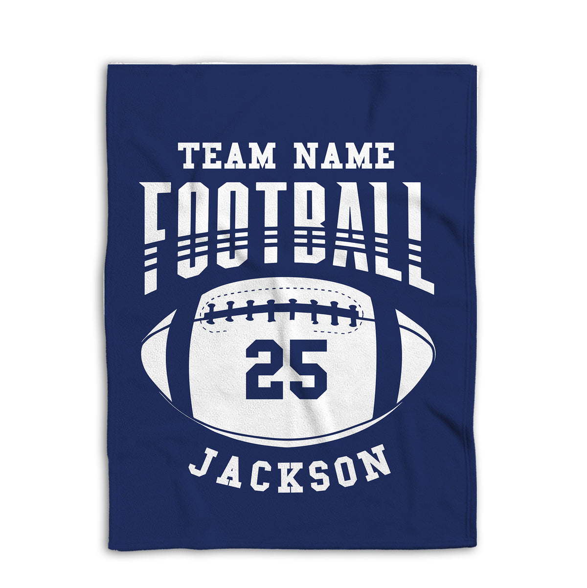 Navy football blanket displayed flat with a bold white football graphic and athletic design