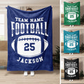 Football throw blanket shown in blue, green, teal, and black color variations with bold sports artwork