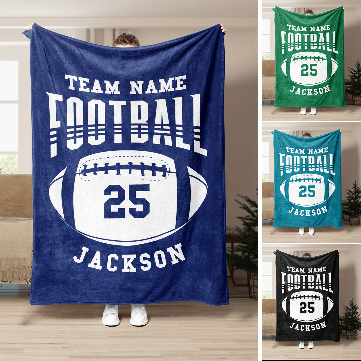 Football throw blanket shown in blue, green, teal, and black color variations with bold sports artwork