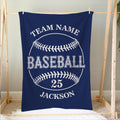 Navy baseball blanket displayed on a wooden frame with classic baseball stitching design