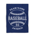 Navy baseball blanket shown flat with a bold white baseball graphic and classic sports design