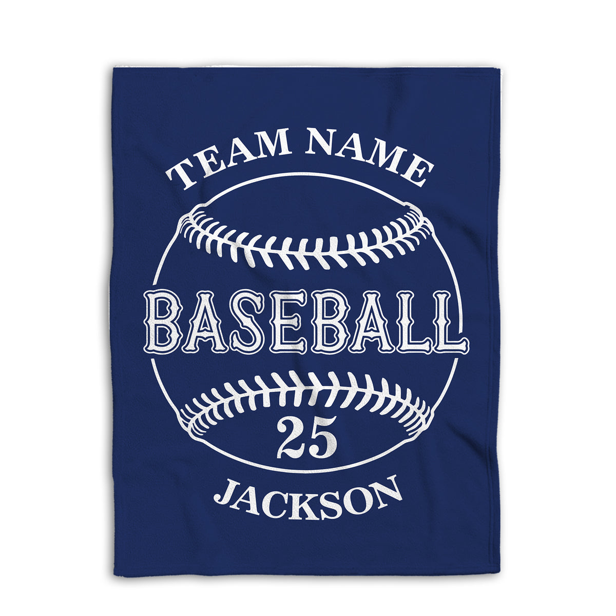 Navy baseball blanket shown flat with a bold white baseball graphic and classic sports design
