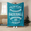 Teal baseball throw blanket displayed with bold white baseball stitching and sports artwork