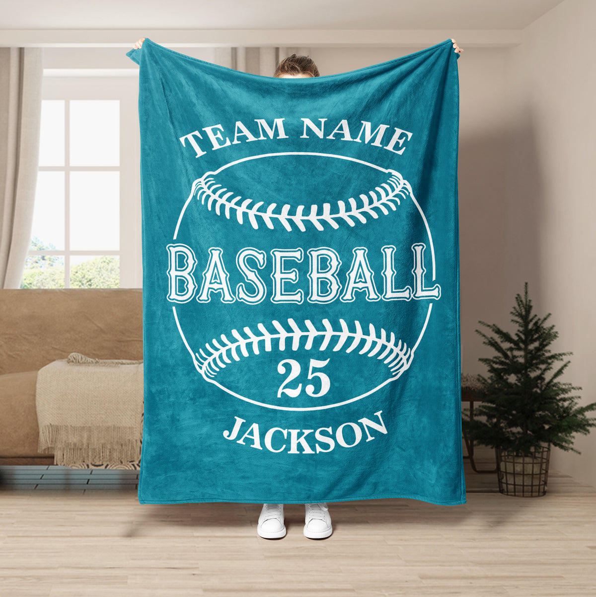 Teal baseball throw blanket displayed with bold white baseball stitching and sports artwork