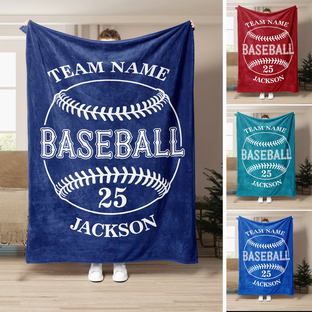 Blue baseball throw blanket displayed with a classic ball graphic and multiple color variations