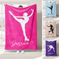 Ice skating blanket collage showing colorful figure skater silhouettes in pink, blue, beige, and purple
