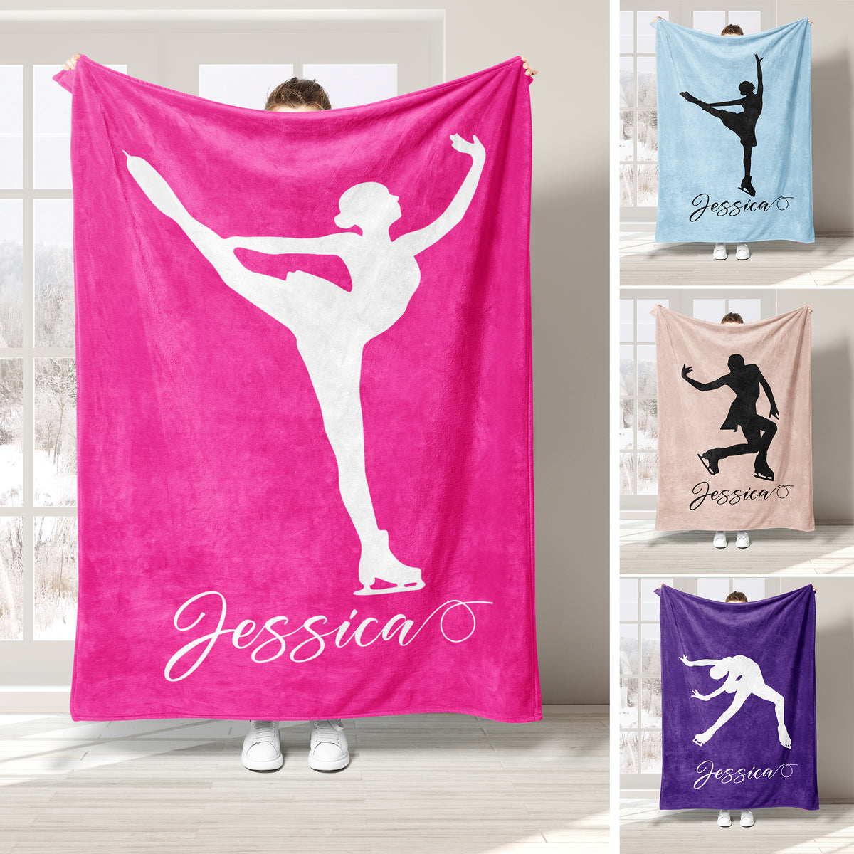 Ice skating blanket collage showing colorful figure skater silhouettes in pink, blue, beige, and purple