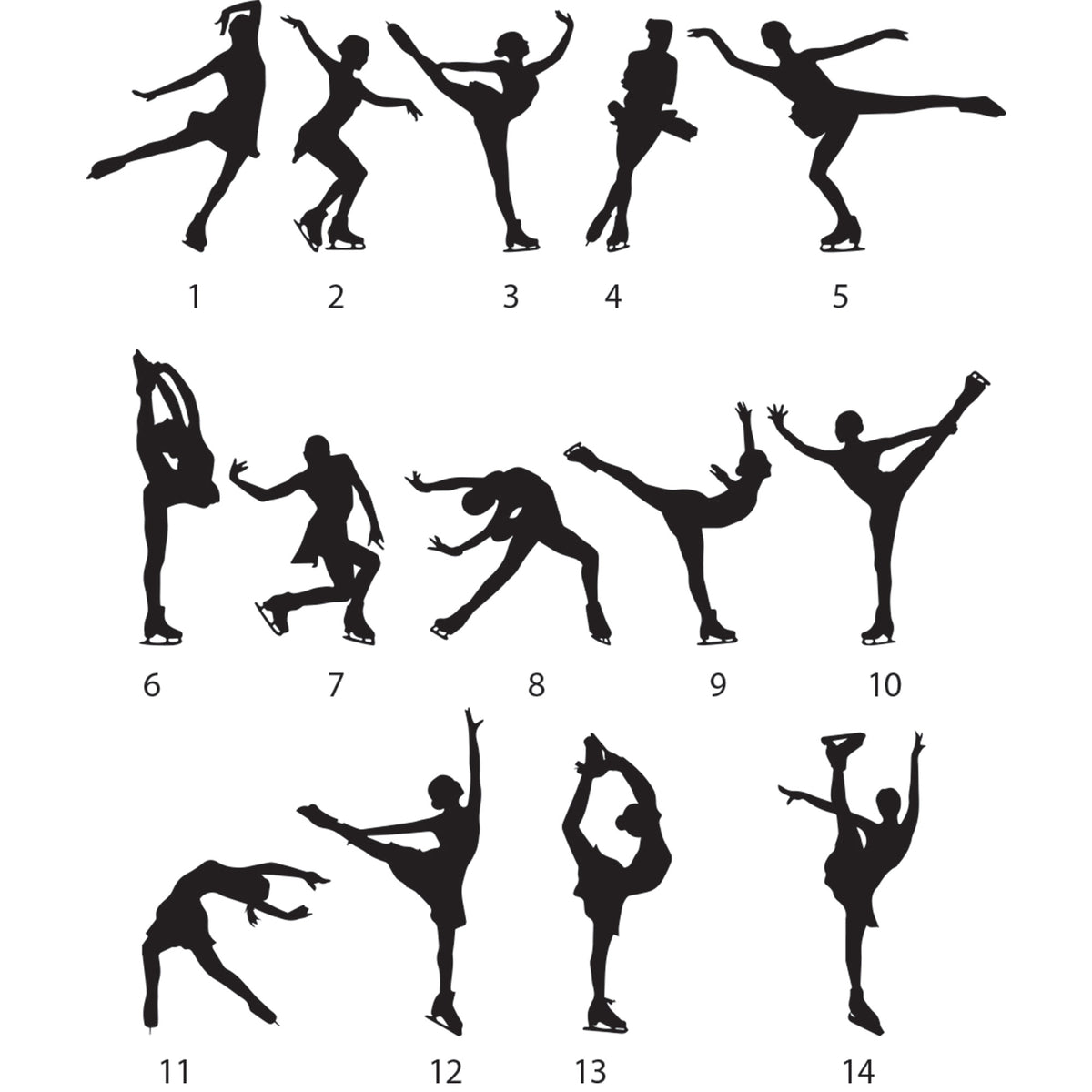 Figure skating style selection guide displaying fourteen alternative skater silhouettes and poses