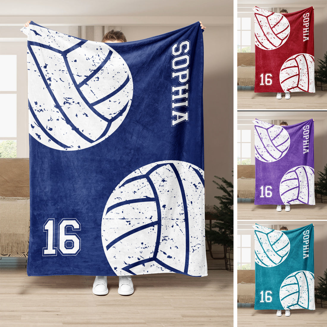 Custom volleyball blanket with navy blue and white distressed volleyball graphics, bold athletic lettering and jersey-style number design