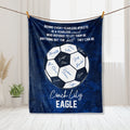 Blue soccer coach appreciation blanket featuring soccer ball artwork and an athletic encouragement message