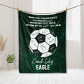 Green soccer coach appreciation blanket with soccer ball artwork and bold motivational message