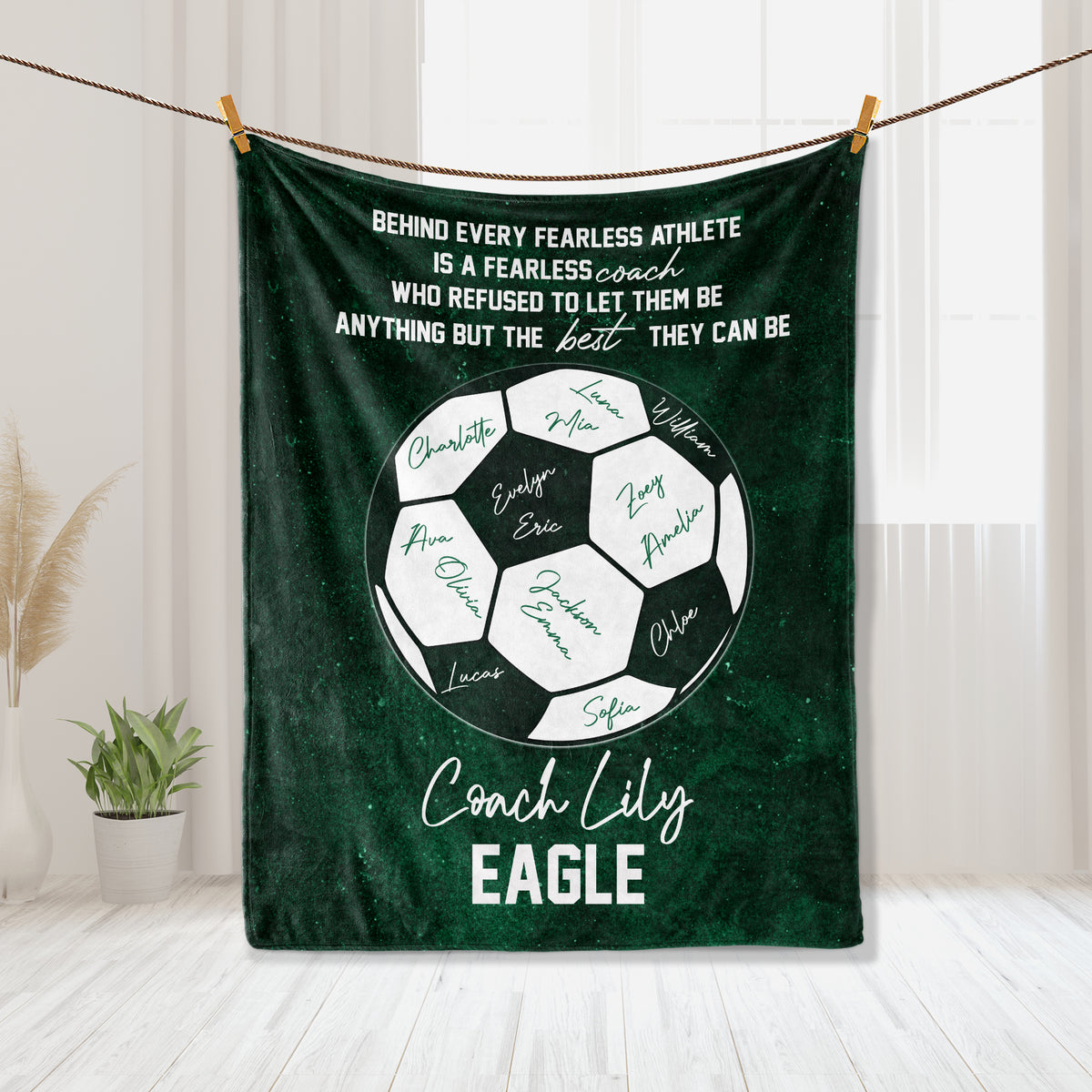 Green soccer coach appreciation blanket with soccer ball artwork and bold motivational message