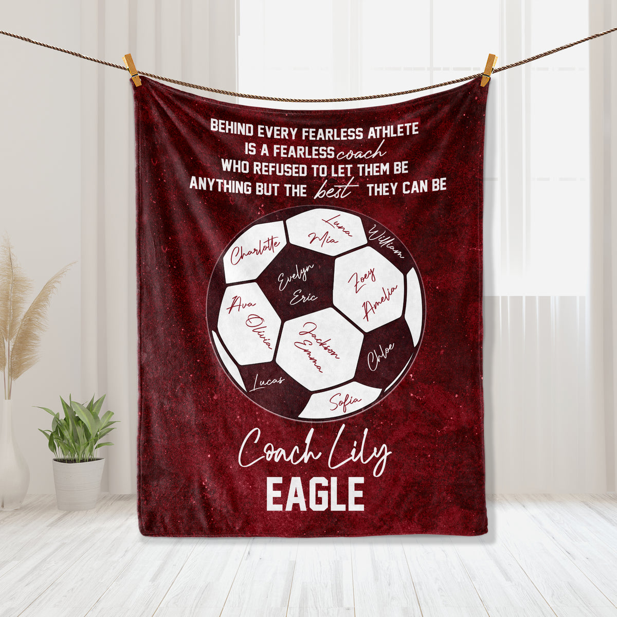 Red soccer coach appreciation blanket featuring a large soccer ball and motivational athletic message