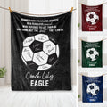 Soccer coach appreciation throw blanket with soccer ball artwork shown in black, red, green, and blue color options