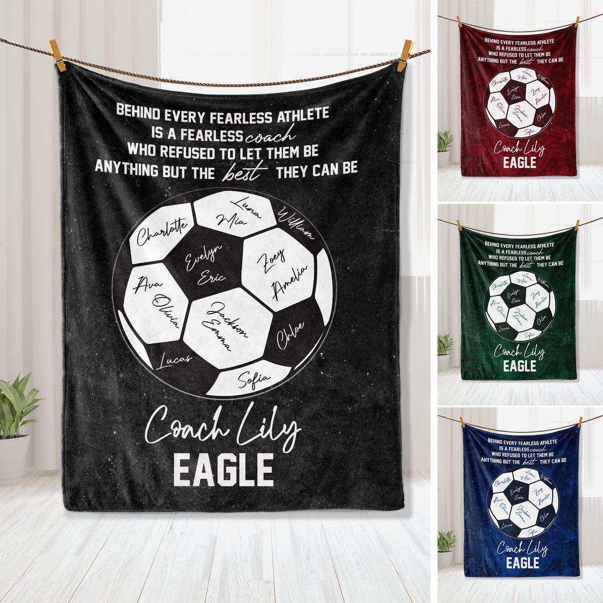 Soccer coach appreciation throw blanket with soccer ball artwork shown in black, red, green, and blue color options