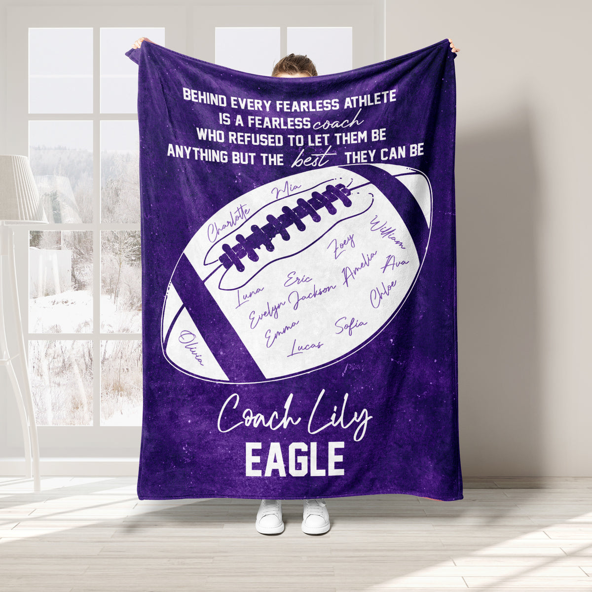 Purple football coach blanket with motivational lettering and team-inspired football artwork