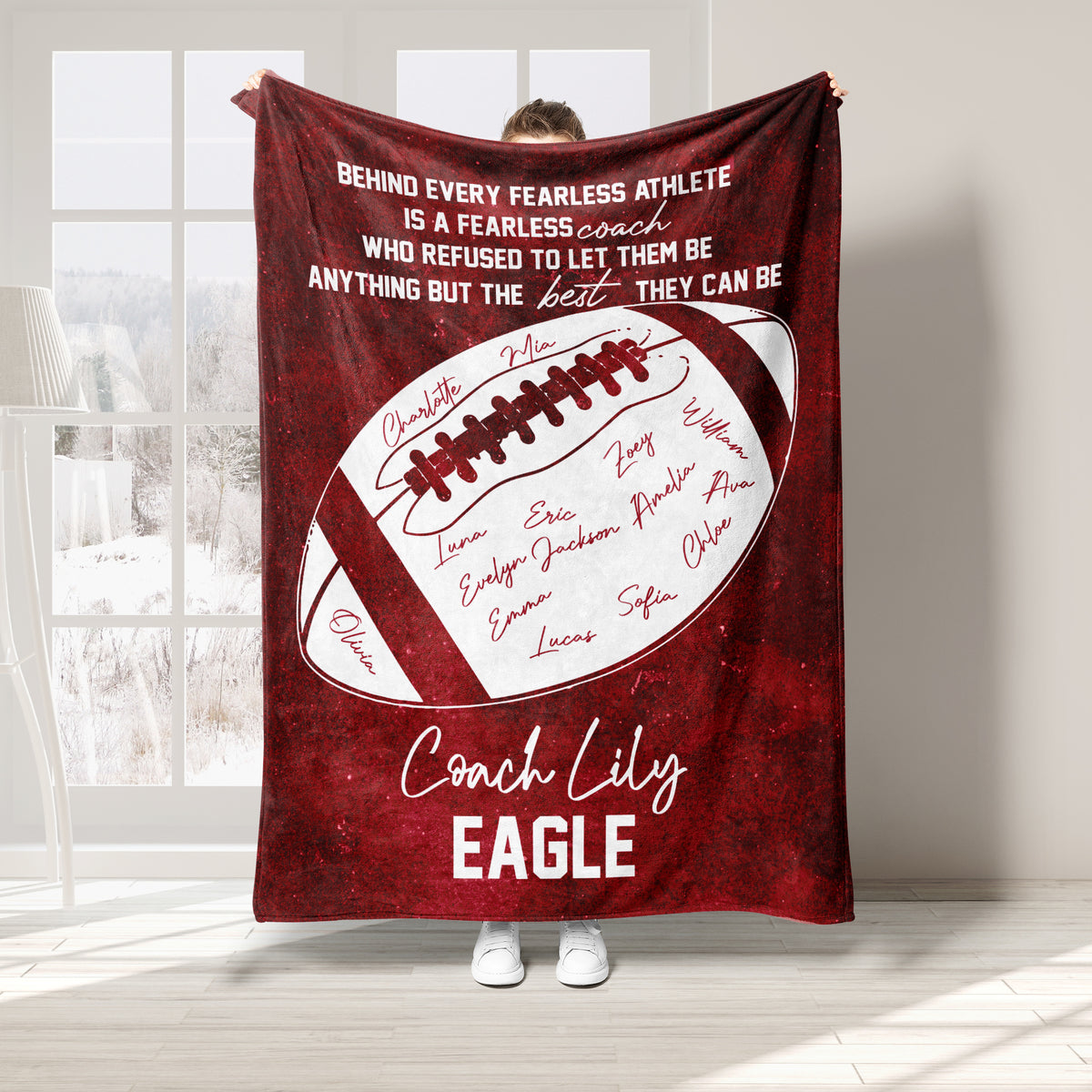 Red football throw blanket featuring coach appreciation artwork and an illustrated football