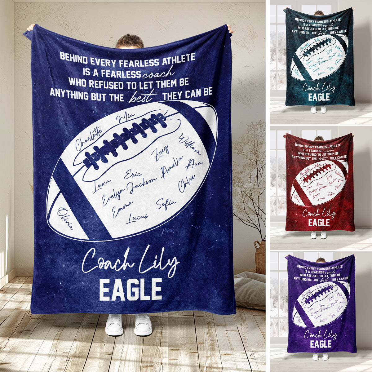 Football coach throw blanket displayed in navy, red, and purple color variations with team-inspired artwork