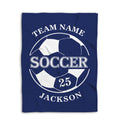 Blue soccer blanket displayed flat with large black and white soccer ball design