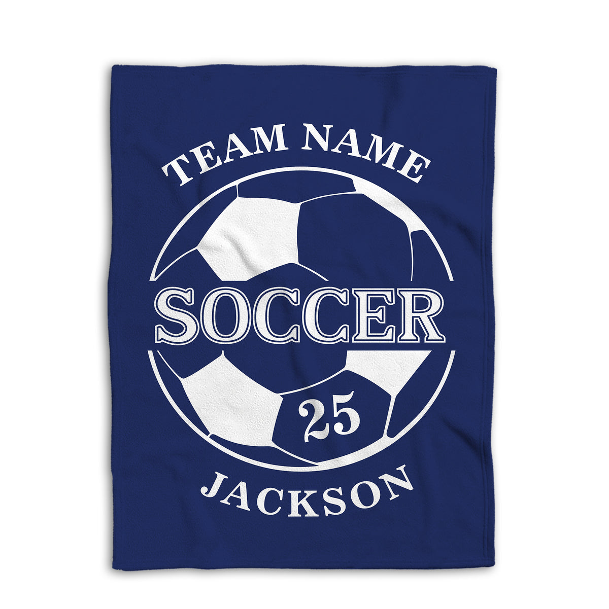 Blue soccer blanket displayed flat with large black and white soccer ball design